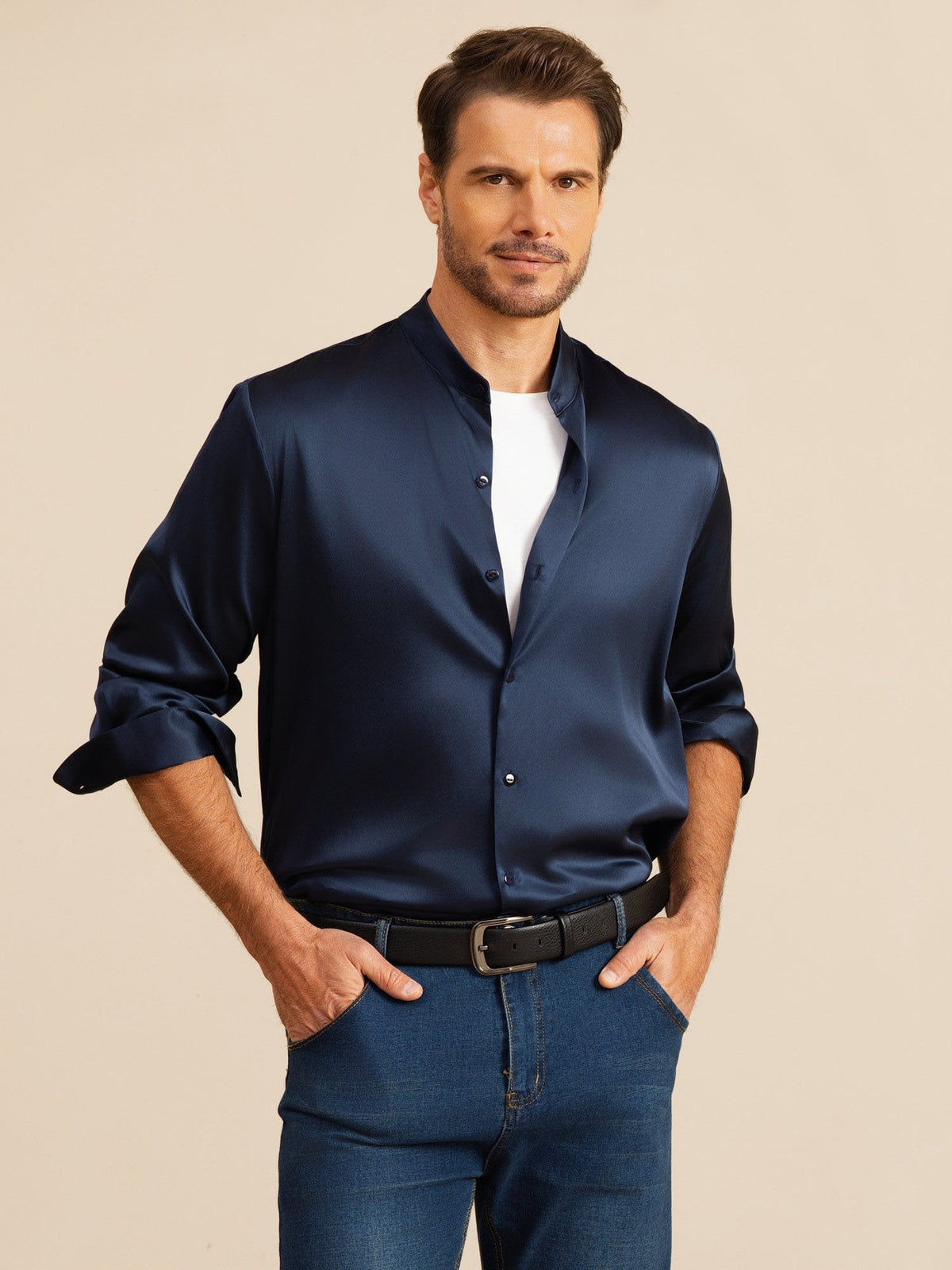 [أزرق غامق] SilkSilky-SA Long Sleeve Stand Collar قميص رجالي 001