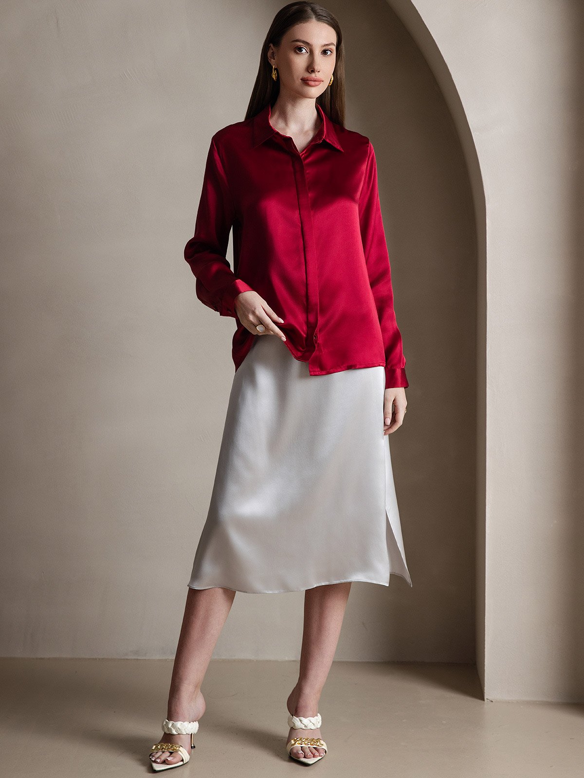 [خمر] SilkSilky-SA 19Momme الحرير الأكمام الطويلة Lapel Collar بلايز نسائية 005