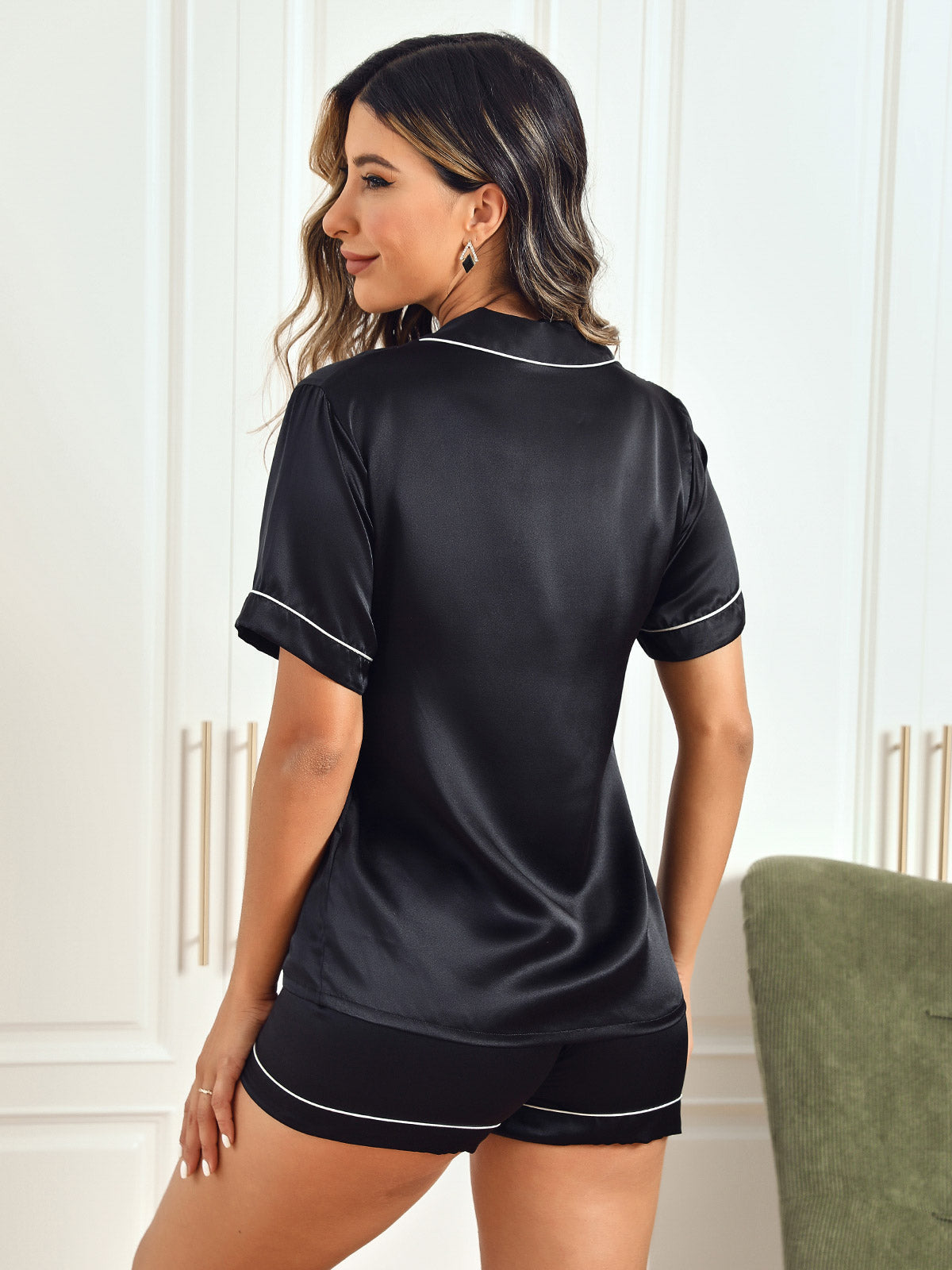 [أسود] SilkSilky-SA الحرير الخالص Womens Pajamas 002