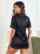 [أسود] SilkSilky-SA Short Sleeve Lapel Collar طقم بيجامة نسائي 002