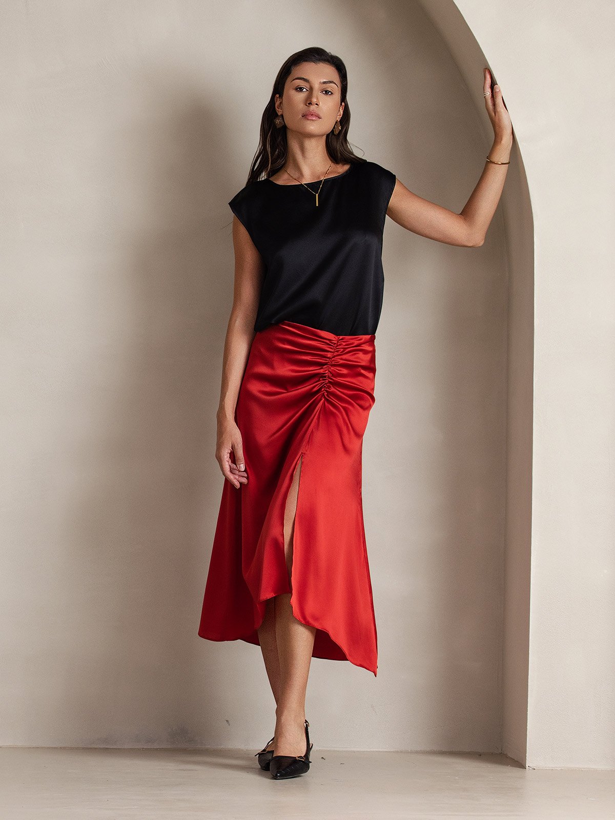 [أسود] SilkSilky-SA 19Momme الحرير رقبة مستديرة تي شيرت نسائية 007,