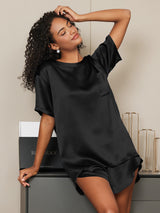 [أسود] SilkSilky-SA Short Sleeve Round Neck طقم بيجامة نسائي 002