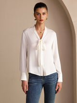 [أبيض] SilkSilky-SA Long Sleeve Tie Neck بلوزات نسائية 001