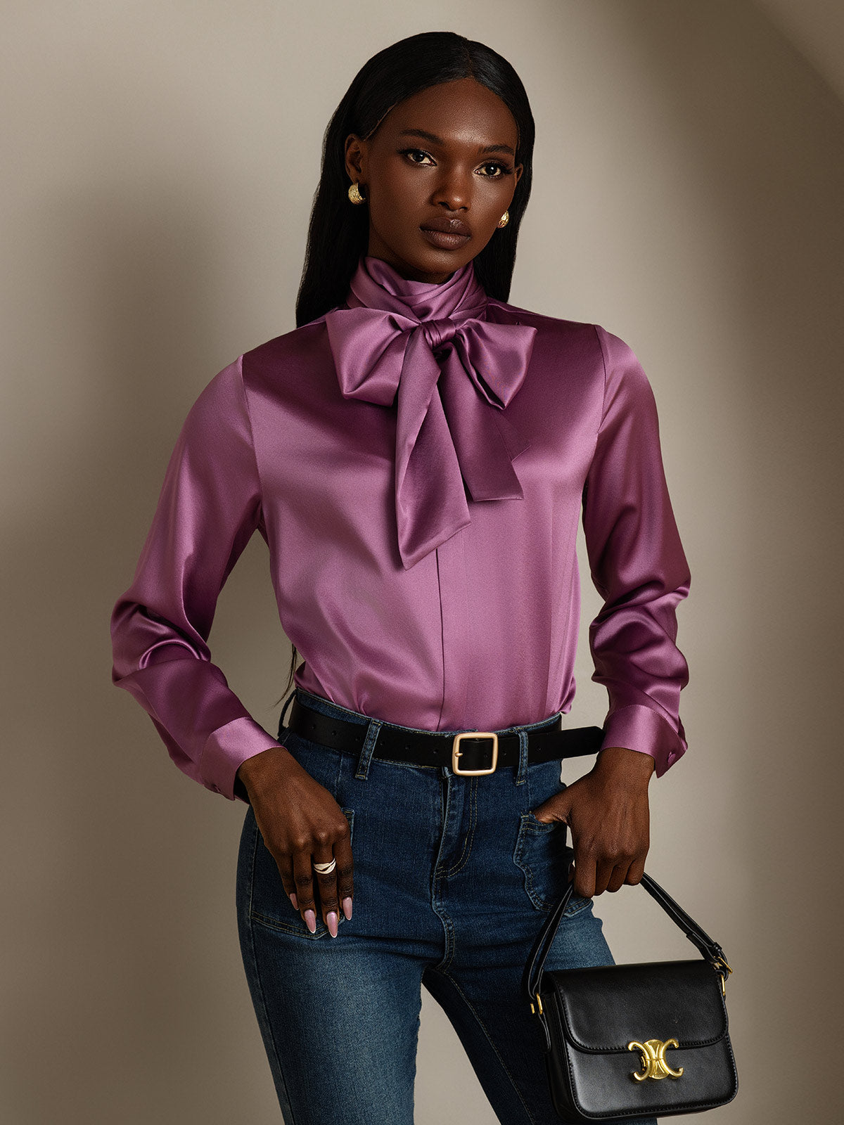 [الأرجواني الداكن] SilkSilky-SA 19Momme الحرير الأكمام الطويلة تعادل الرقبة بلوزة 003