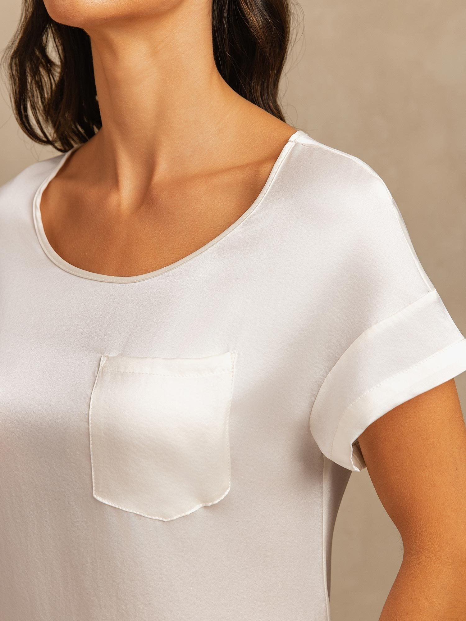 [أبيض] SilkSilky-SA 19Momme الحرير رقبة مستديرة باس النوم 004