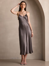 [كاكي غامق] SilkSilky-SA Sleeveless V Neck فساتين نسائية 004