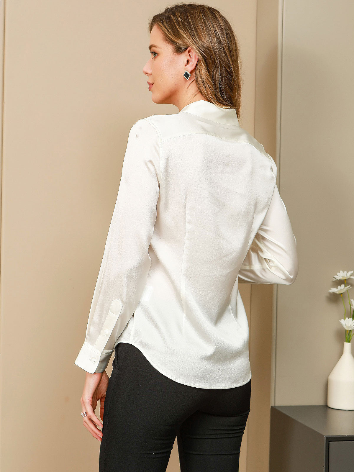 [أبيض] SilkSilky-SA الحرير Lapel Collar بلايز نسائية 002