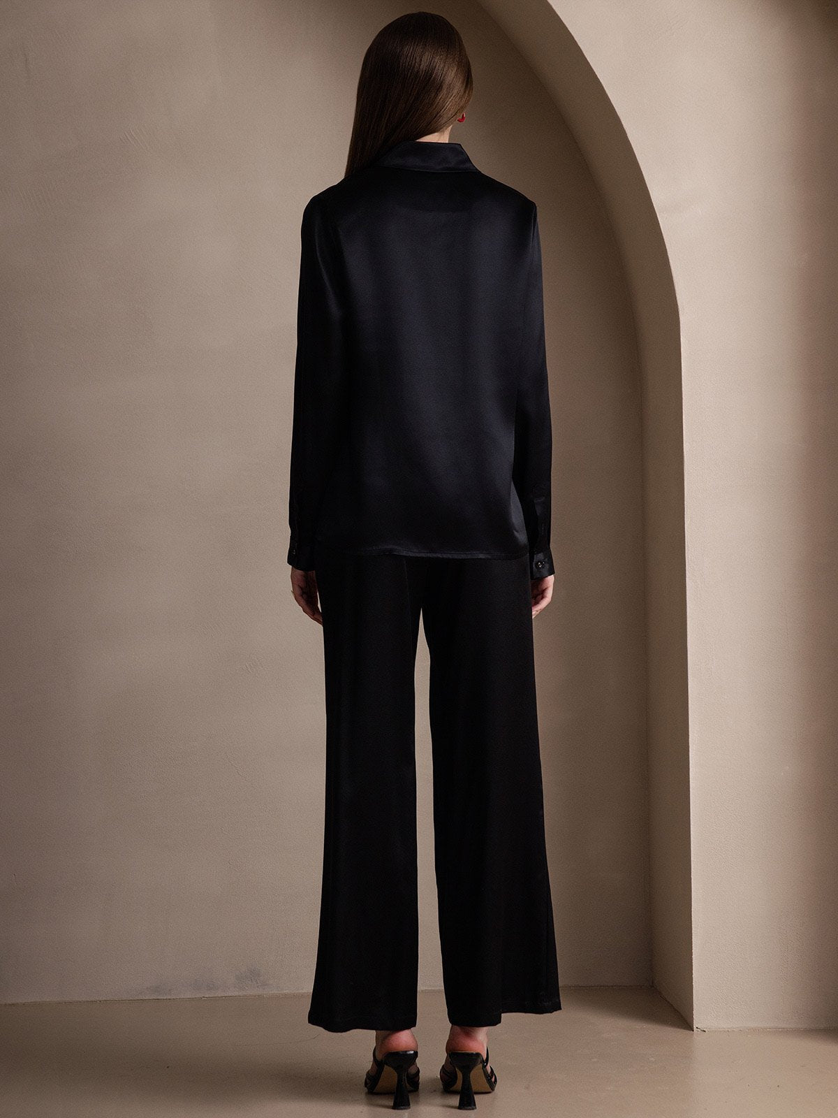 [أسود] SilkSilky-SA 19Momme الحرير الأكمام الطويلة Lapel Collar بلايز نسائية 002