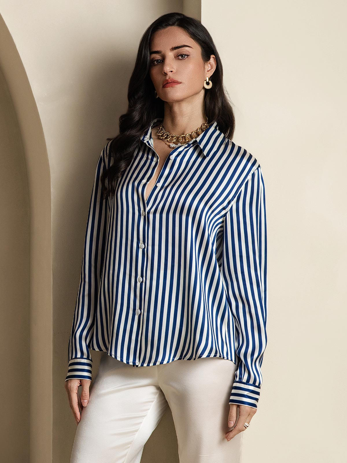 [أزرق] SilkSilky-SA الحرير Lapel Collar بلايز نسائية 003