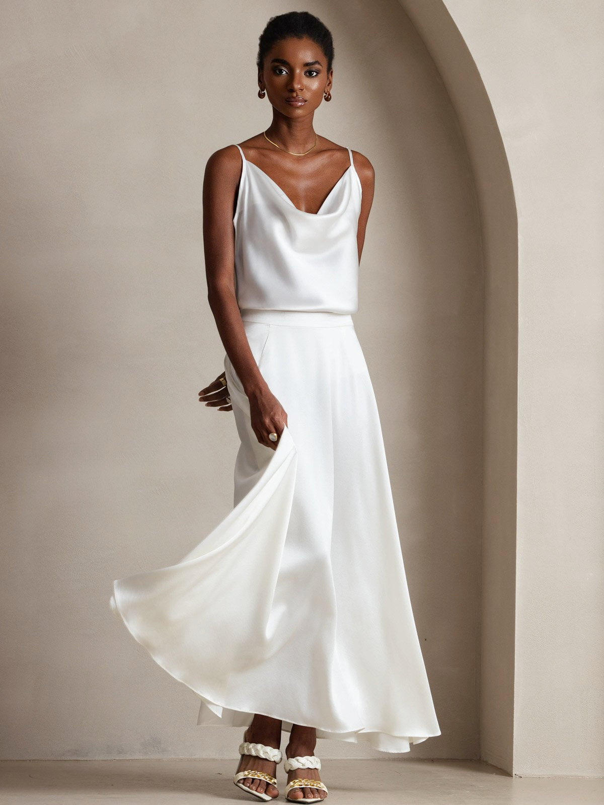 [أبيض] SilkSilky-SA 19Momme الحرير فتحة عنق بثنيات ملفوفة كامي 007