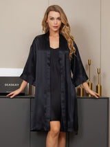 [أسود] SilkSilky-SA أكمام بثلاثة أرباع الأطوال رقبة على شكل حرف V رداء الحمام وقميص النوم 005