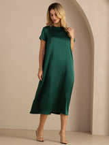[أخضر غامق] SilkSilky-SA Short Sleeve Round Neck فساتين نسائية 004