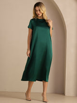 [أخضر غامق] SilkSilky-SA Short Sleeve Crew Neck فساتين نسائية 004
