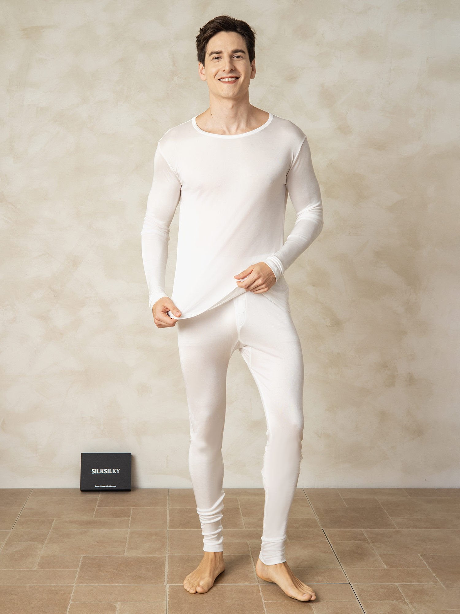 [أبيض] SilkSilky-SA الحرير Mens Pajamas 001