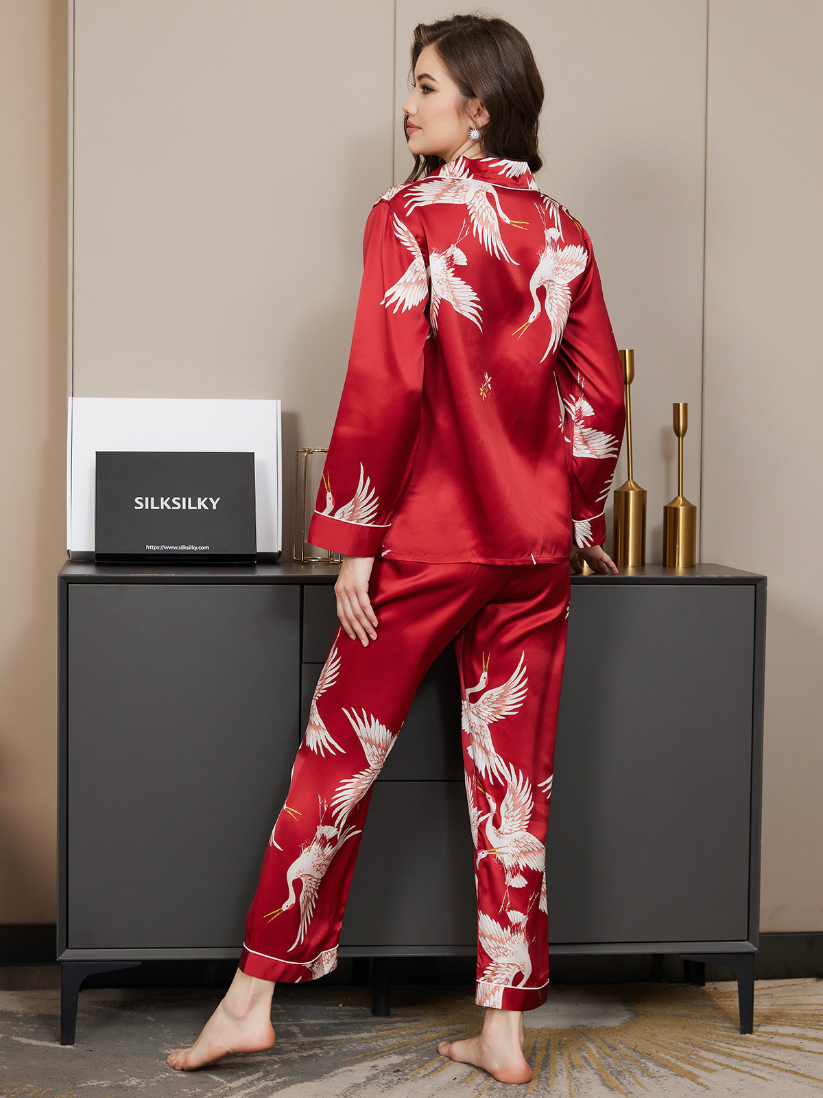[احمر غامق] SilkSilky-SA 19Momme الحرير الخالص Womens Pajamas 006