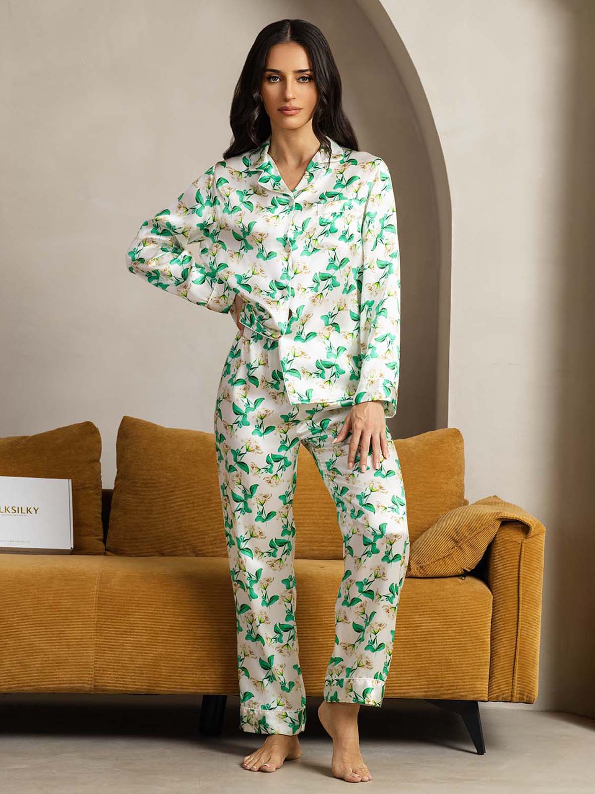[زهري أخضر] SilkSilky-SA الحرير الخالص Womens Pajamas 001