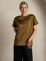 [بني] SilkSilky-SA Short Sleeve Boat Neck تي شيرت نسائية 006