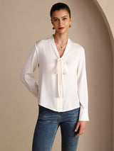 [أبيض] SilkSilky-SA Long Sleeve Tie Neck بلوزات نسائية 003