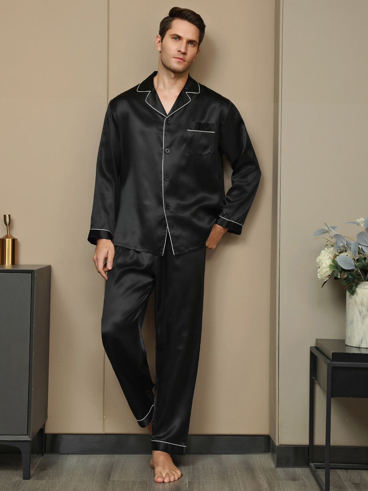 [أسود] SilkSilky-SA 19Momme الحرير الخالص Mens Pajamas 004