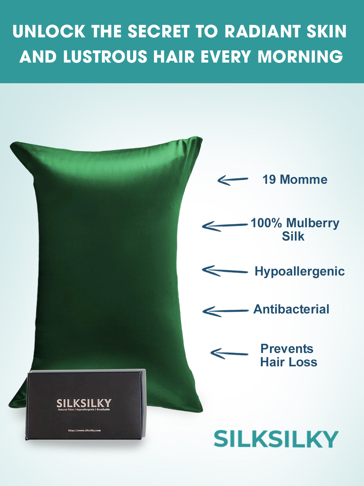 SilkSilky-SA 19Momme الحرير الخالص Pillowcase أخضرغامق 002