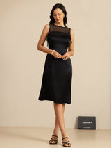 [أسود] SilkSilky-SA 19Momme Sleeveless Illusion Neck فساتين نسائية 007