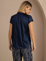 [أزرق غامق] SilkSilky-SA Short Sleeve Split بلوزات نسائية 002
