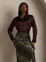 [شوكولاتة داكنة] SilkSilky-SA Long Sleeve Lapel Collar بلايز نسائية 004