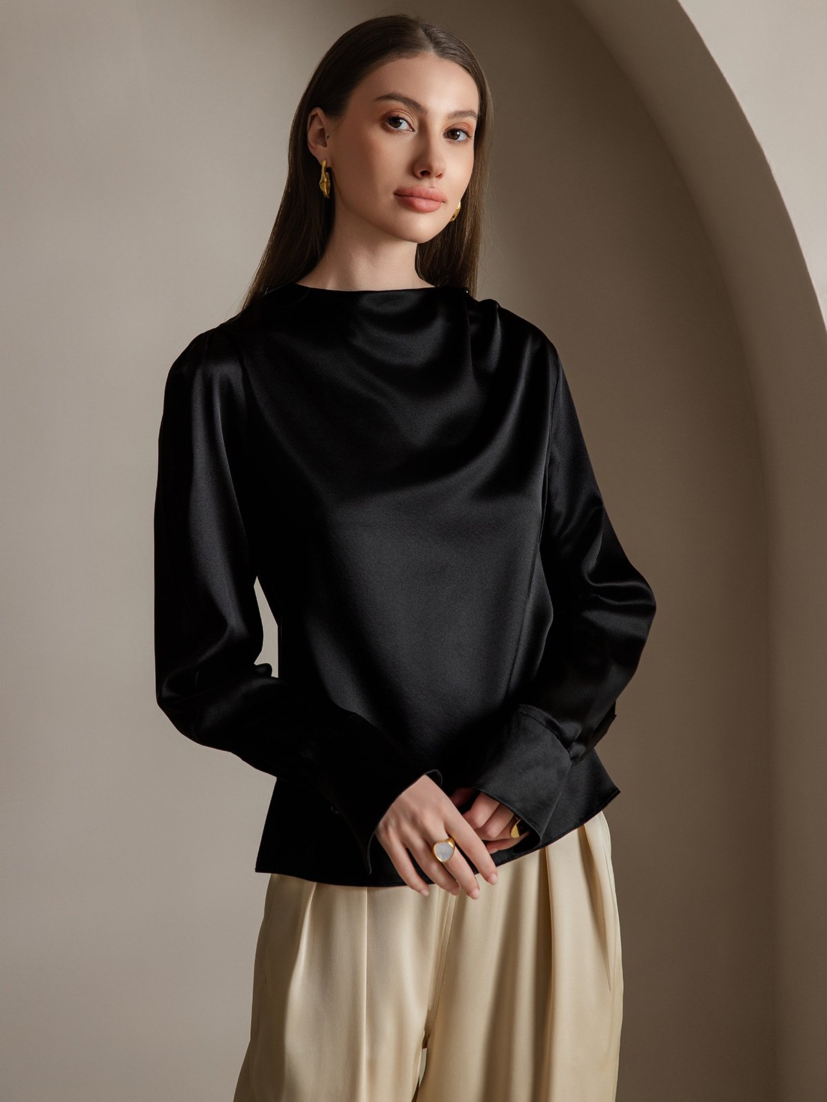 [أسود] SilkSilky-SA 19Momme الحرير Womens Shirt 003