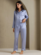 [الأزرق الصلب] SilkSilky-SA Long Sleeve Lapel Collar طقم بيجامة نسائي 003