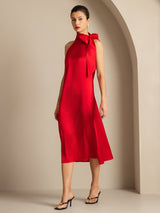 [أحمر] SilkSilky-SA Sleeveless Tie Neck فساتين نسائية 006