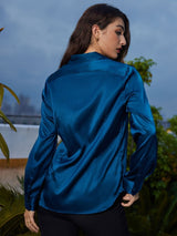 [المياه الخضراء] SilkSilky-SA Long Sleeve Lapel Collar بلايز نسائية 002