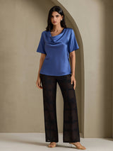 [أزرق بترولي حقيقي] SilkSilky-SA Short Sleeve Cowl Neck بلوزات نسائية 006