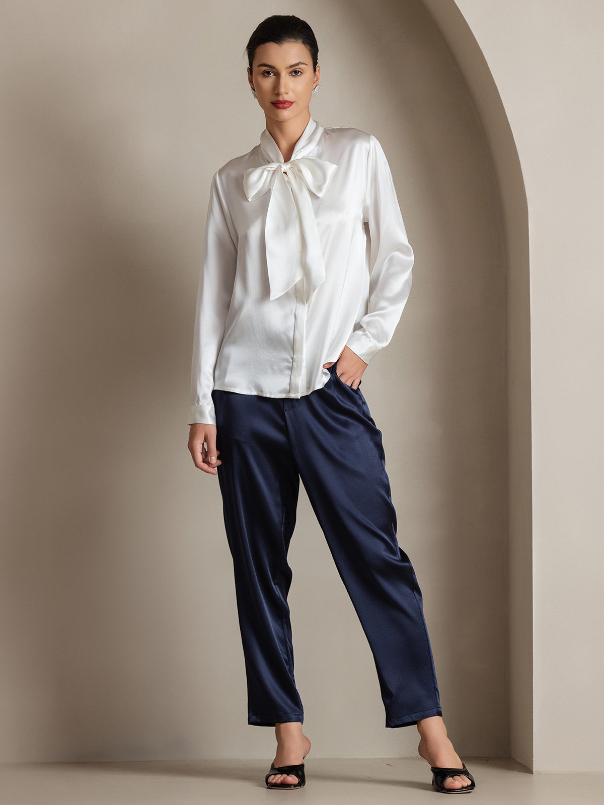 [أبيض] SilkSilky-SA 19Momme الحرير الأكمام الطويلة Blouse 005