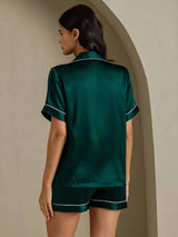 [أخضر غامق] SilkSilky-SA Short Sleeve Lapel Collar طقم بيجامة نسائي 002