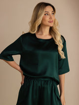 [أخضر غامق] SilkSilky-SA Short Sleeve Round Neck طقم بيجامة نسائي 005