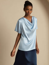 [أزرق رمادي] SilkSilky-SA Short Sleeve Cowl Neck بلوزات نسائية 005