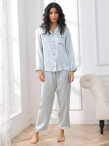 [أزرق فاتح] SilkSilky-SA Long Sleeve Lapel Collar طقم بيجامة نسائي 003