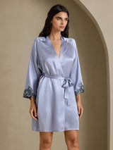 [الأزرق الصلب] SilkSilky-SA 3/4 Sleeve V Neck رداء الحمام وقميص النوم 007