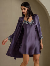 [رمادي أرجواني] SilkSilky-SA 3/4 Sleeve V Neck رداء الحمام وقميص النوم 001