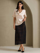 [اللون البيج] SilkSilky-SA Short Sleeve Cowl Neck بلوزات نسائية 007