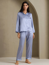 [الأزرق الصلب] SilkSilky-SA Long Sleeve Lapel Collar طقم بيجامة نسائي 001