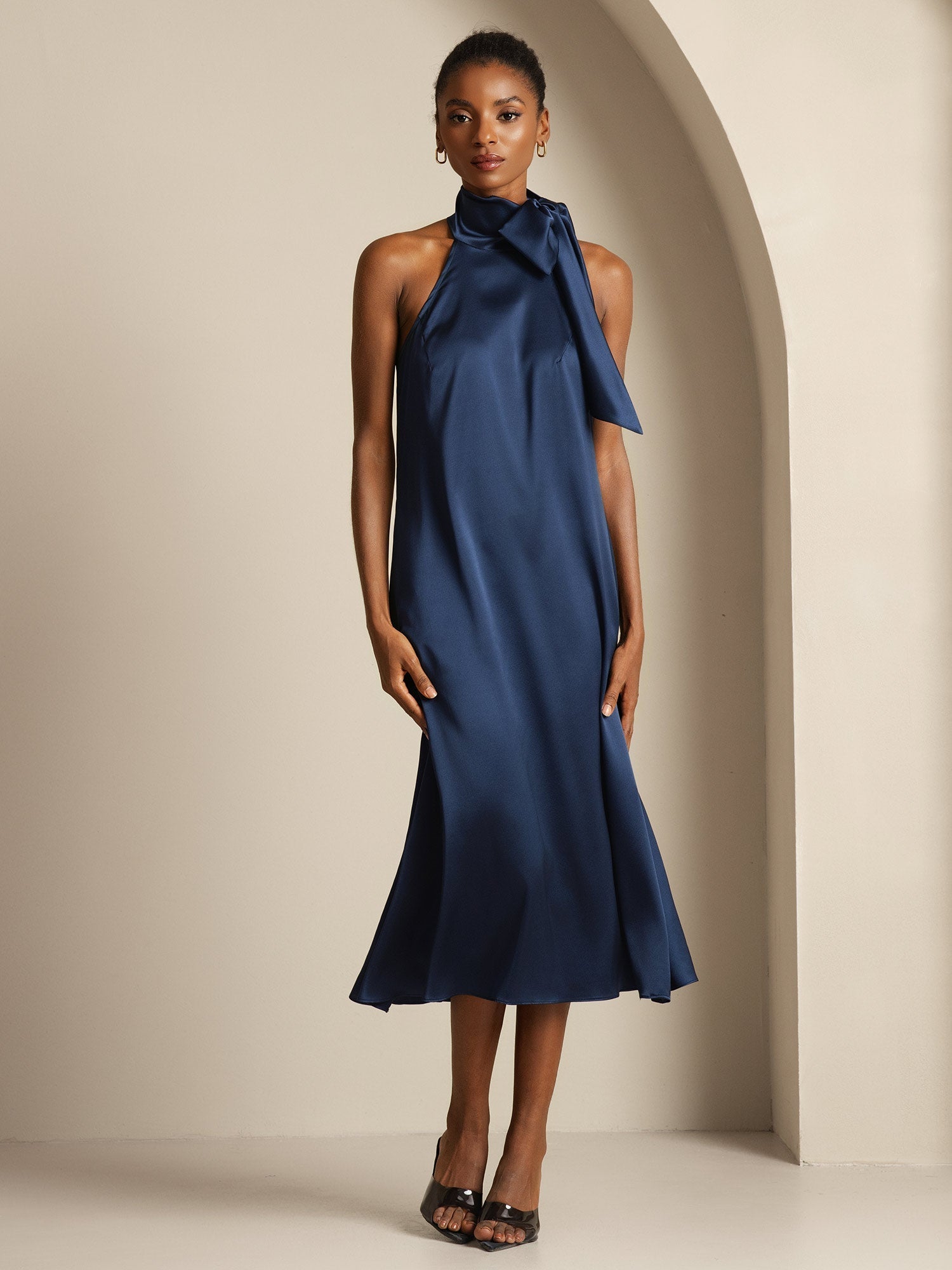 [أزرق غامق] SilkSilky-SA 19Momme الحرير تعادل الرقبة فساتين نسائية 001,