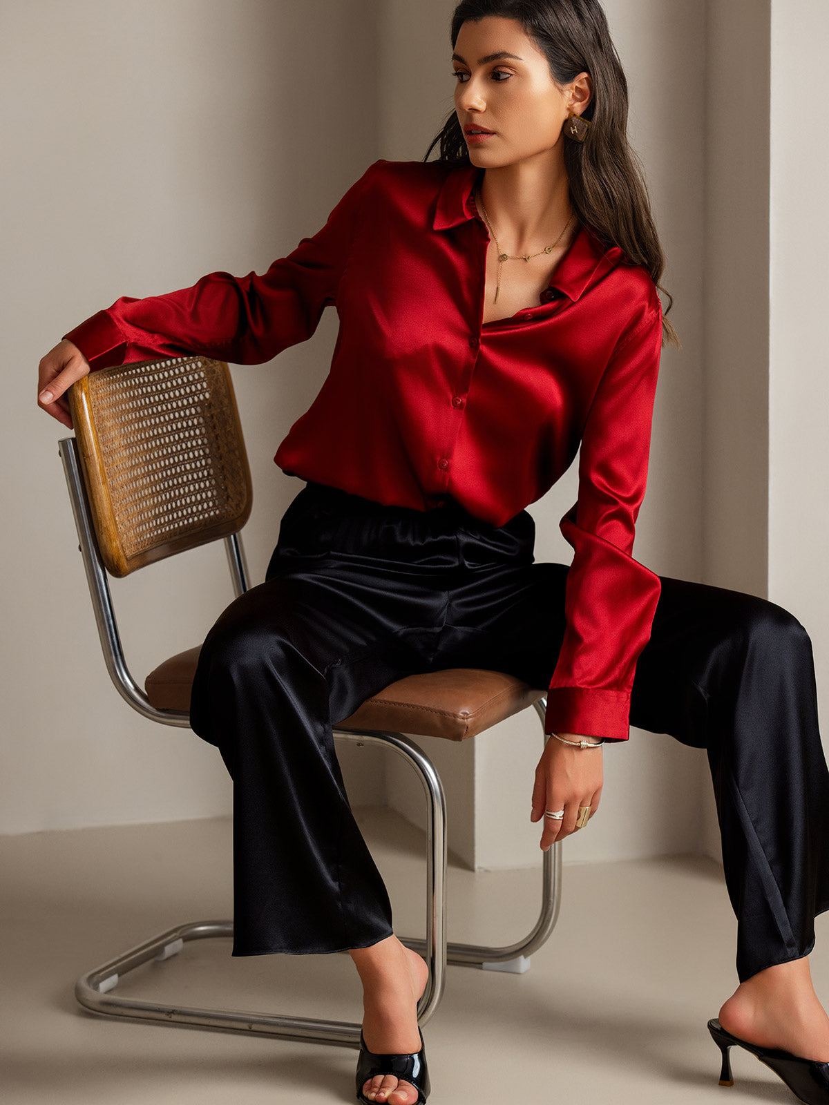 [أحمر] SilkSilky-SA Long Sleeve Lapel Collar بلايز نسائية 001