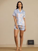 [أزرق فاتح] SilkSilky-SA Short Sleeve Lapel Collar طقم بيجامة نسائي 007