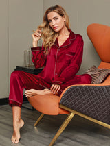 [خمر] SilkSilky-SA Long Sleeve Lapel Collar طقم بيجامة نسائي 008