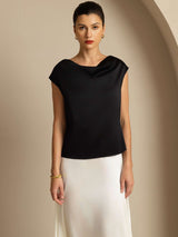 [أسود] SilkSilky-SA Cap Sleeve Cowl Neck تي شيرت نسائية 004