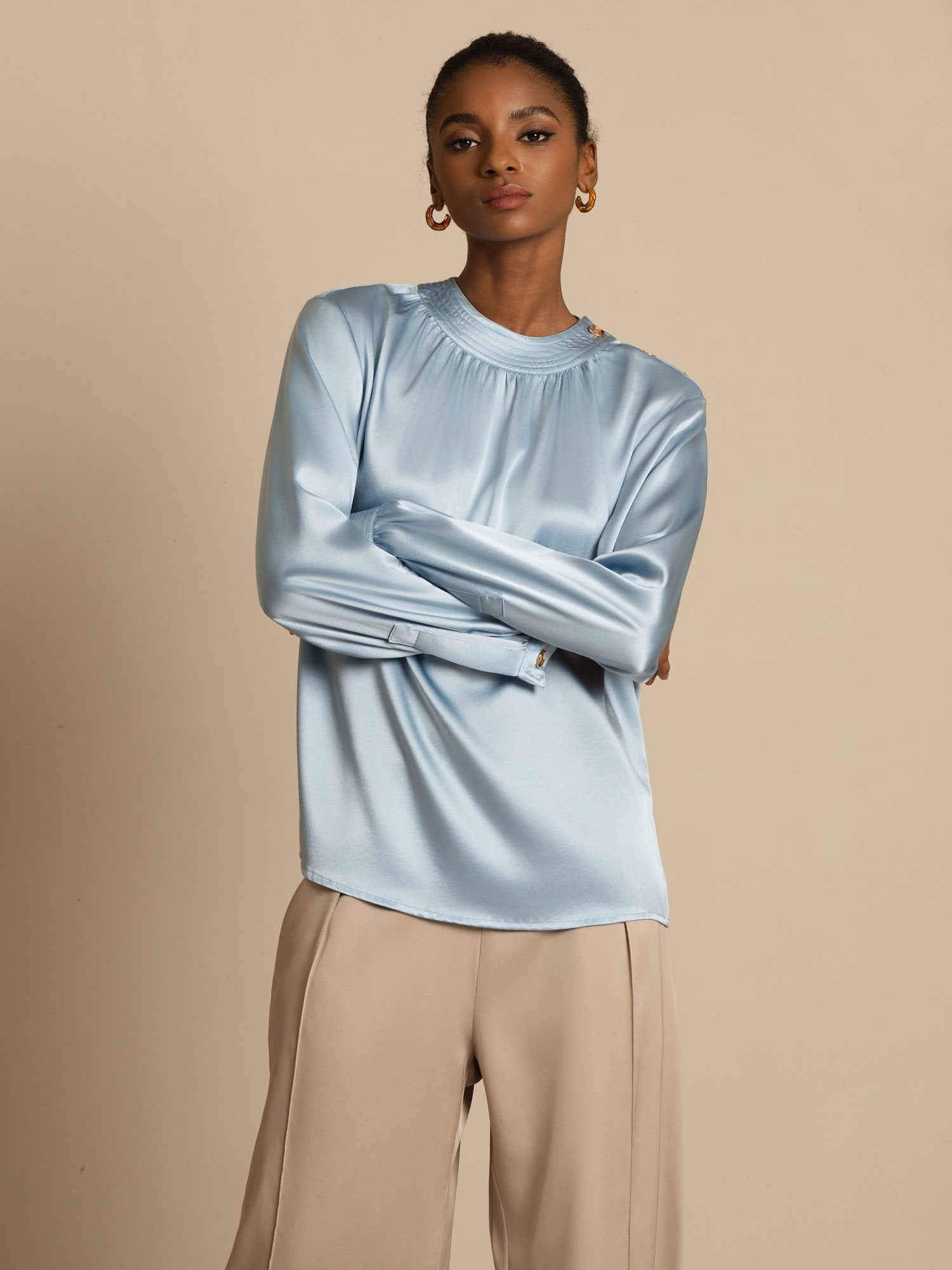 [أزرقرمادي] SilkSilky-SA 19Momme الحرير الأكمام الطويلة رقبة مستديرة بلوزة 004