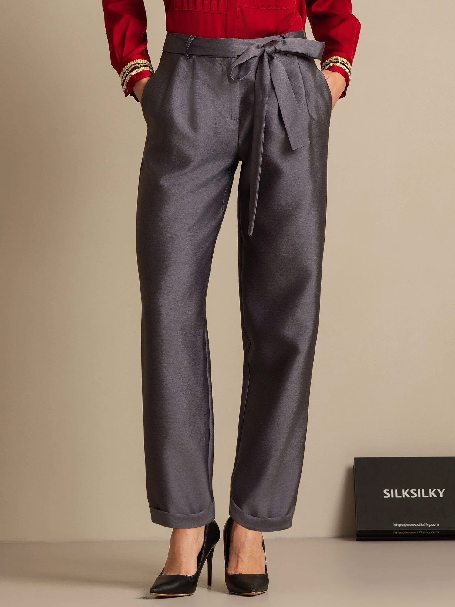 [رمادي] SilkSilky-SA 32Momme الحرير Womens Pants 001,