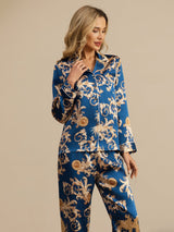 [تنين نيفي] SilkSilky-SA Long Sleeve Lapel Collar طقم بيجامة نسائي 005