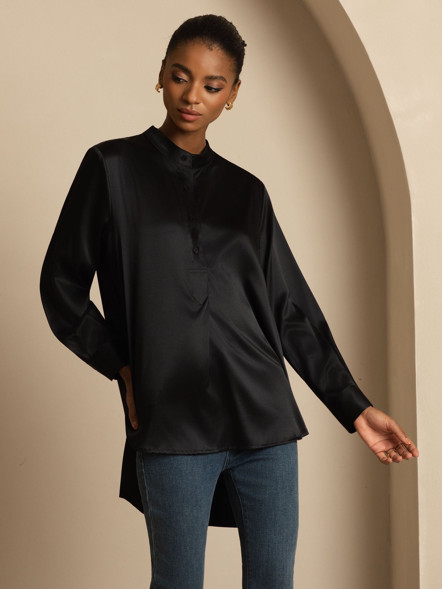 [أسود] SilkSilky-SA 19Momme الحرير الأكمام الطويلة ياقة القاع بلوزة 005